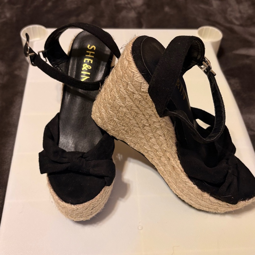 SHEIN Black Knotted Espadrille Wedge Sandals